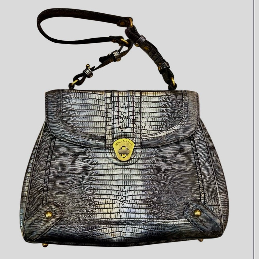 Brahmin Mariel vintage black silver leather satchel with COA